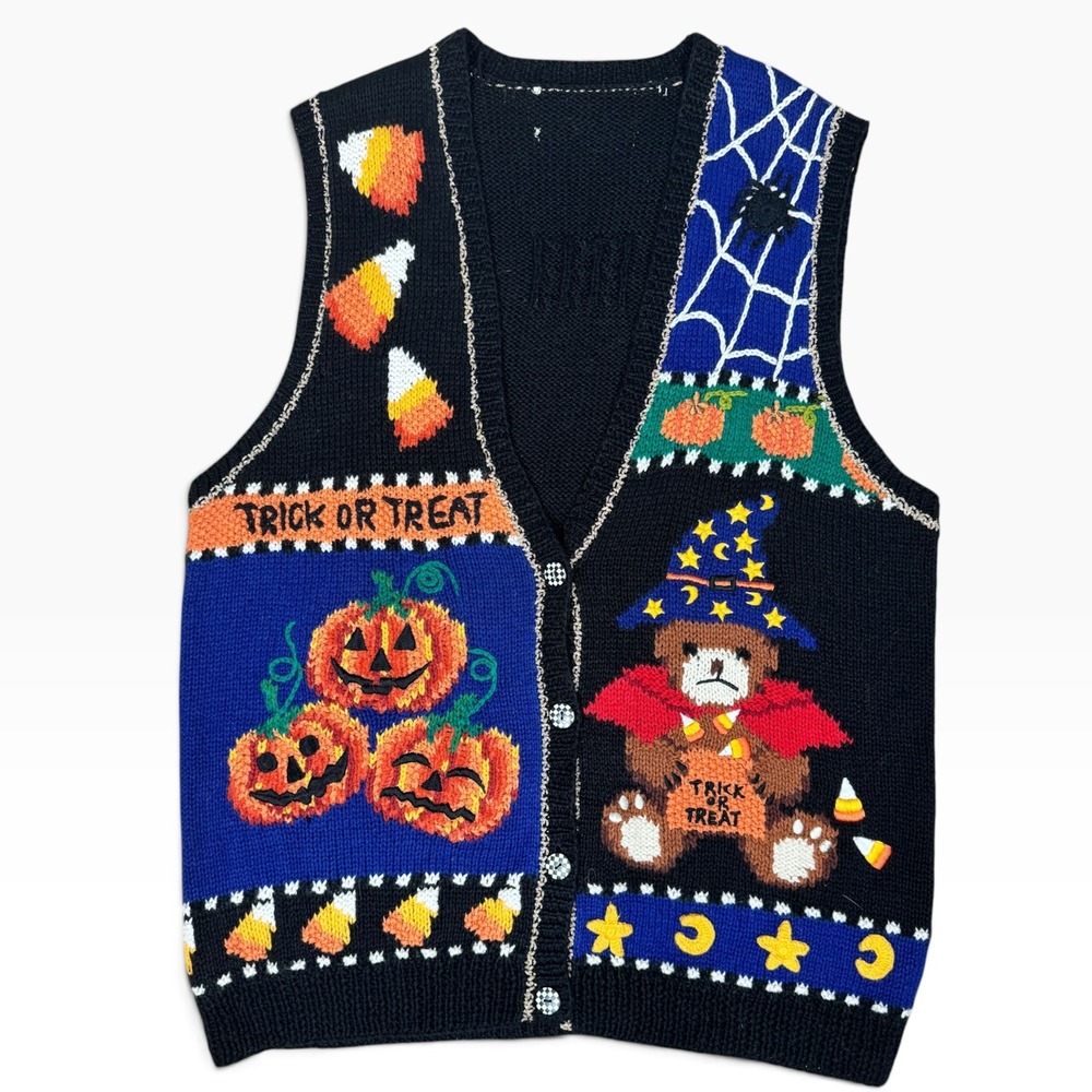 Marisa Christina Halloween Sweater Vest Womens M Black Trick or Treat Hand Knit